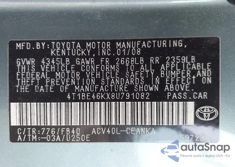 2008 Toyota Camry Le из США, поврежденный, VIN 4T1BE46KX8U791082